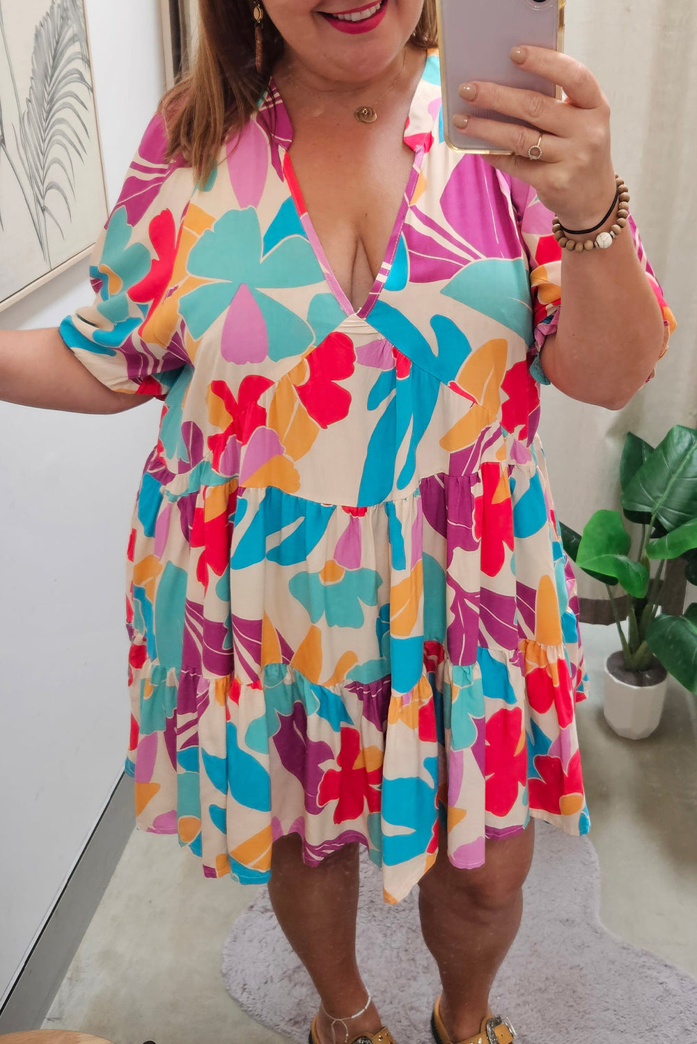 Multicolour Floral Tiered V Neck Plus Dress Plus Size JT's Designer Fashion