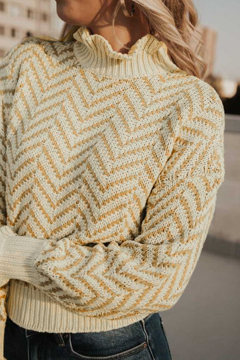 Khaki Chevron Striped High Neck Drop Shoulder Sweater Sweaters & Cardigans JT's Designer Fashion