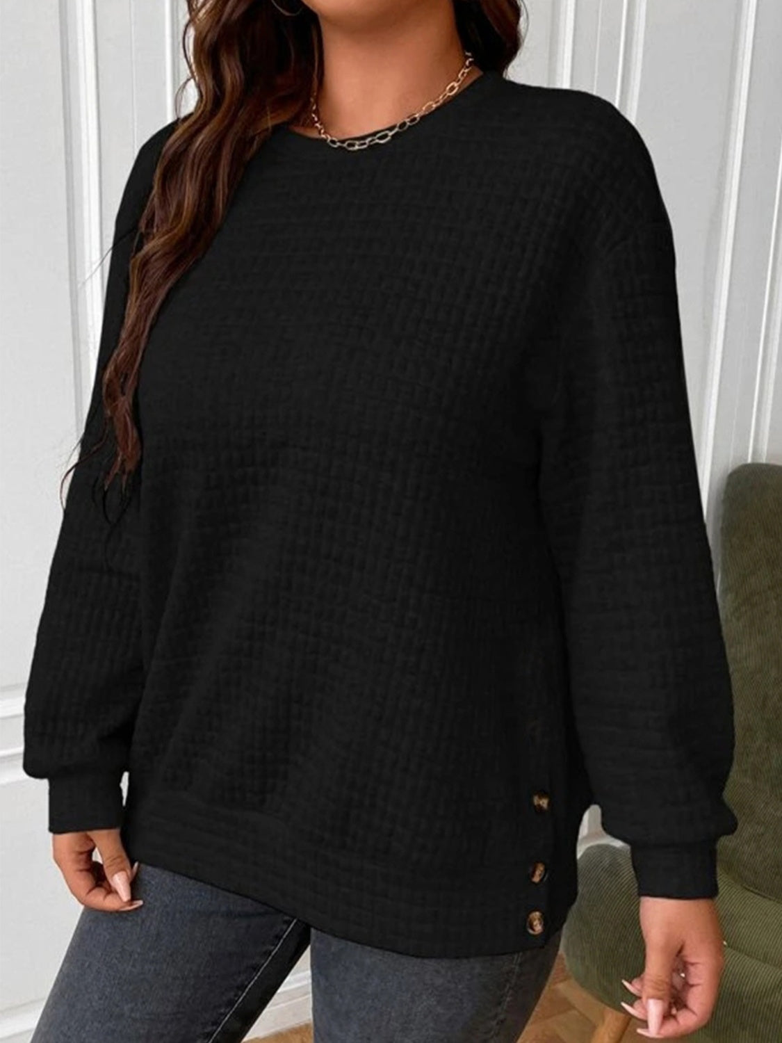 Texture Round Neck Long Sleeve Sweatshirt Black Long Sleeve Tops JT's Designer Fashion