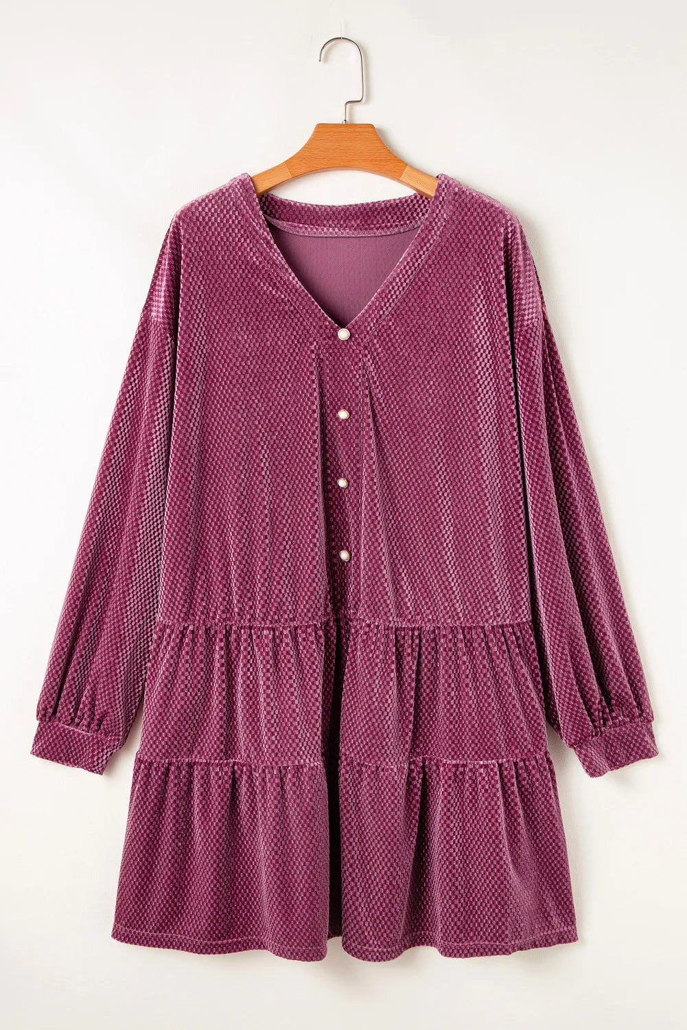 Plus Size Textured Velvet Decorative Button Long Sleeve Dress Moonlit Mauve Mini Dresses JT's Designer Fashion