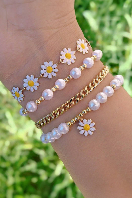 White 4pcs Daisy Pearl Beaded Chain Bracelet Set Jewelry JT's Designer Fashion