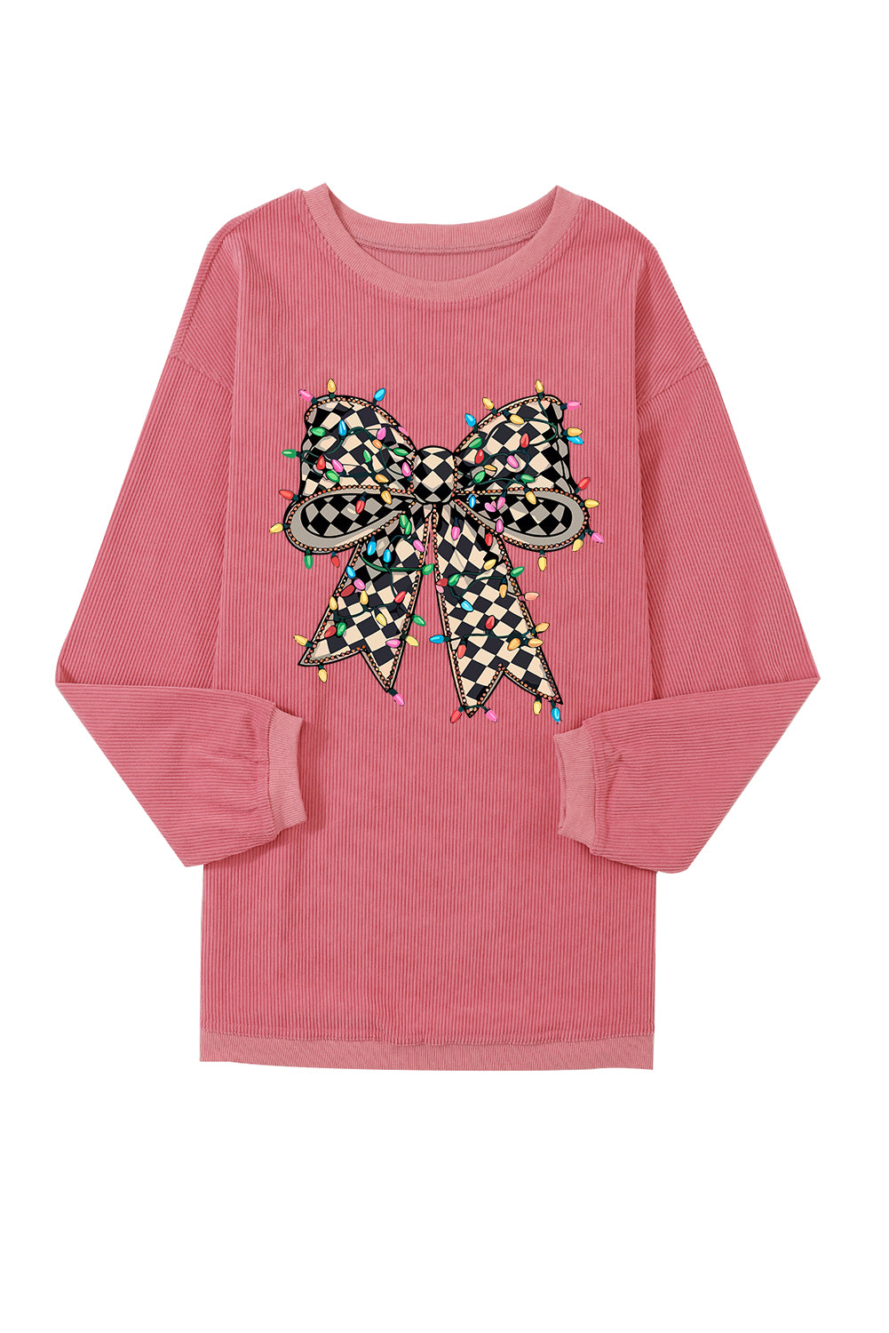 Strawberry Pink Checkered Bow Print Ribbed Crew Neck Pullover Sweatshirt Graphic Sweatshirts JT's Designer Fashion