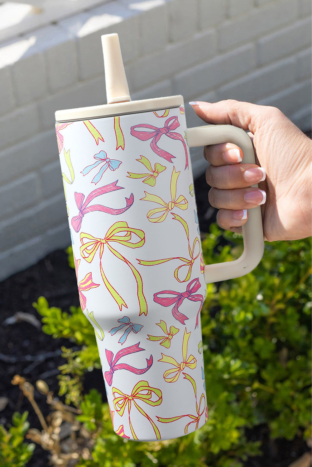 White Bow Knot Print Handle Straw Insulate Tumbler 40oz Tumblers JT's Designer Fashion