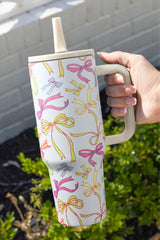 White Bow Knot Print Handle Straw Insulate Tumbler 40oz Tumblers JT's Designer Fashion