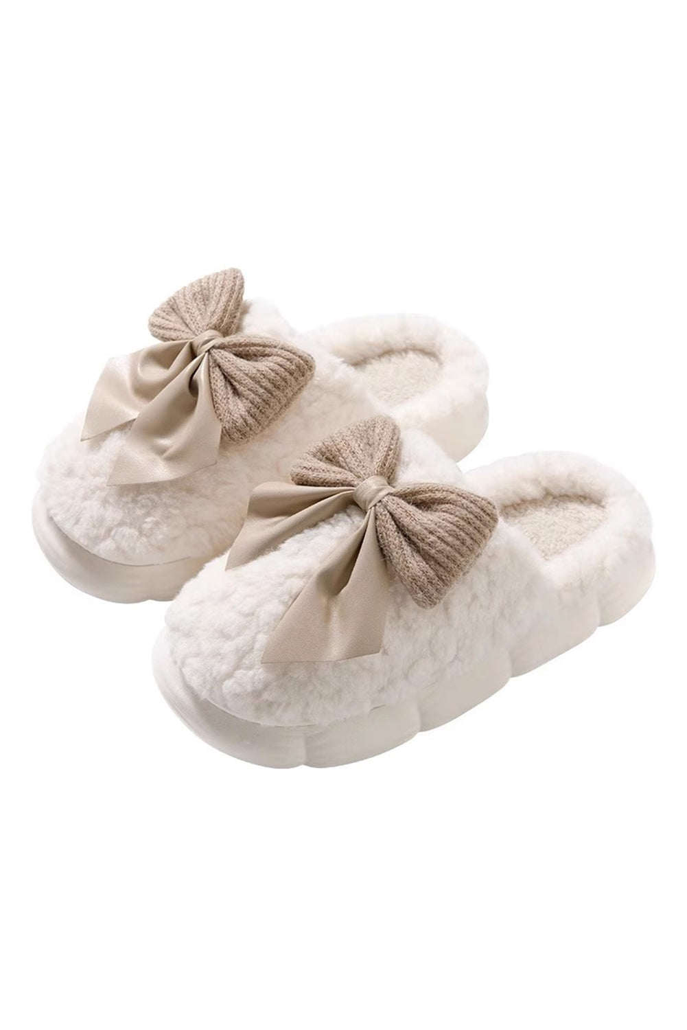 White Contrast Bowknot Applique Plush Winter Slippers Slippers JT's Designer Fashion