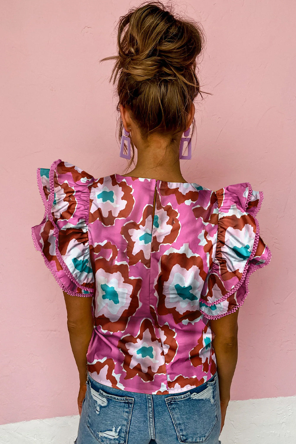 Pink Abstract Print O Neck Tiered Ruffled Sleeve Blouse Tops & Tees JT's Designer Fashion