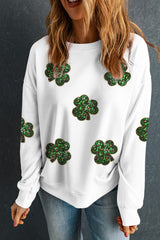 White Sequin Clover Patched Pattern St Patrick Pullover Sweatshirt Graphic Sweatshirts JT's Designer Fashion