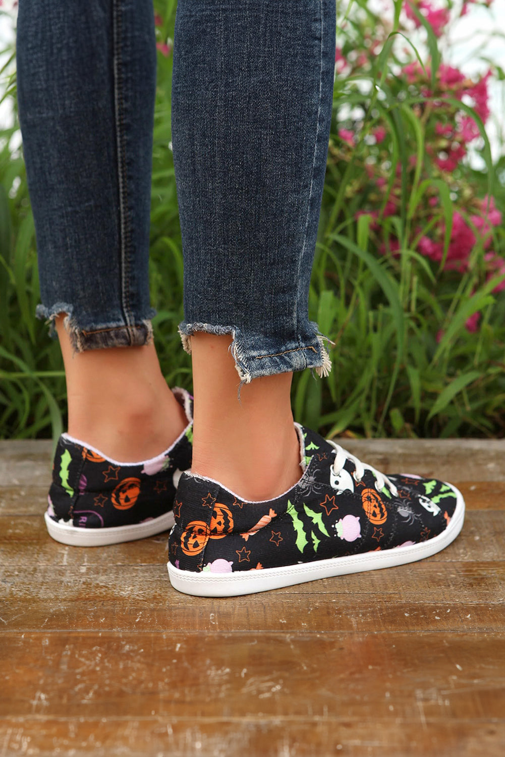 Black Halloween Pumpkin Ghost Print Lace-up Flat Shoes Women's Shoes JT's Designer Fashion