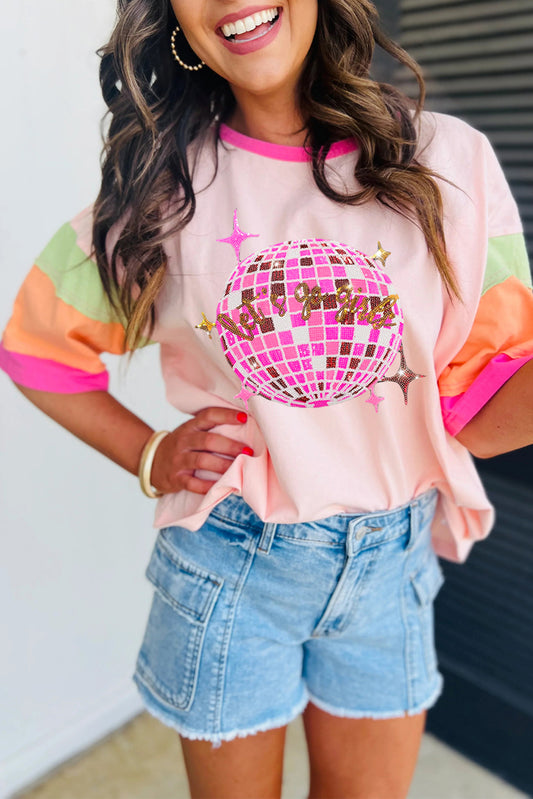 Pink Sequin Disco Ball Color Block Sleeve Graphic Tee Graphic Tees JT's Designer Fashion