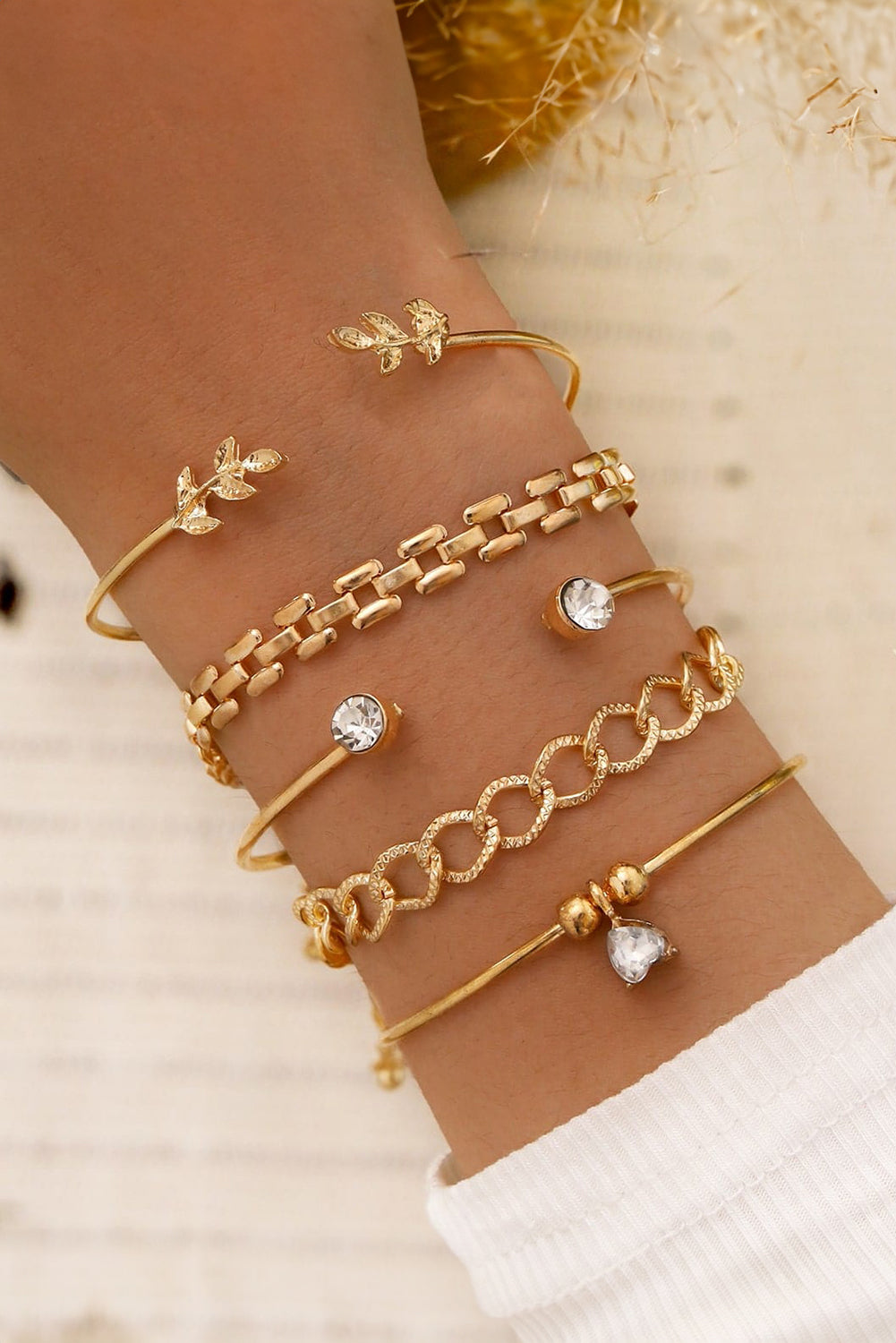 Gold Leaves Heart Shape Rhinestone Inlay Adjustable Bracelet Set Jewelry JT's Designer Fashion