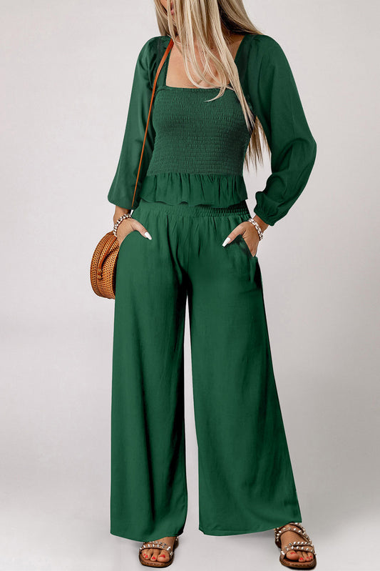 Green Square Neck Smocked Peplum Top and Pants Set Pant Sets JT's Designer Fashion