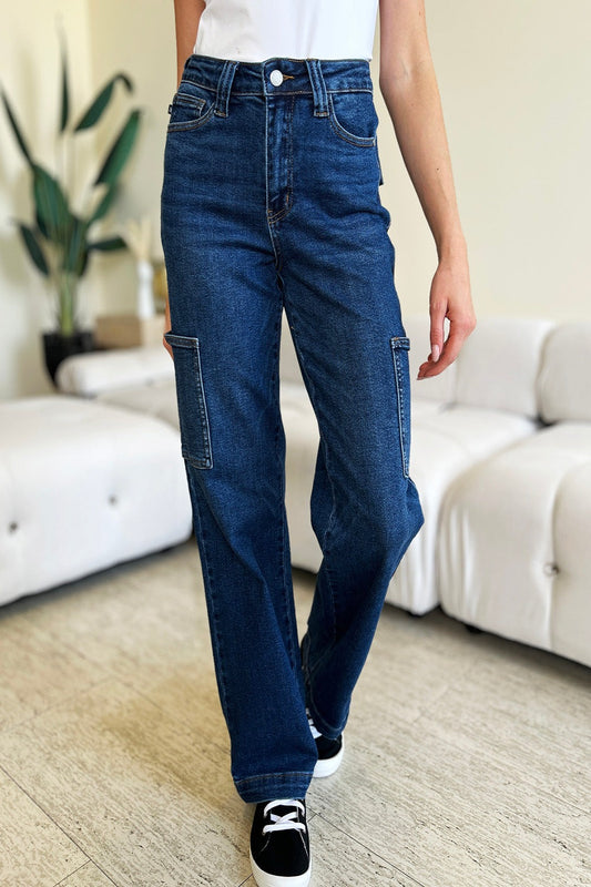 Judy Blue Full Size High Waist Straight Cargo Jeans Dark High Waist Jeans JT's Designer Fashion