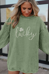 Grass Green Rhinestone lucky Clover Graphic Ribbed St Patrick Sweatshirt Graphic Sweatshirts JT's Designer Fashion