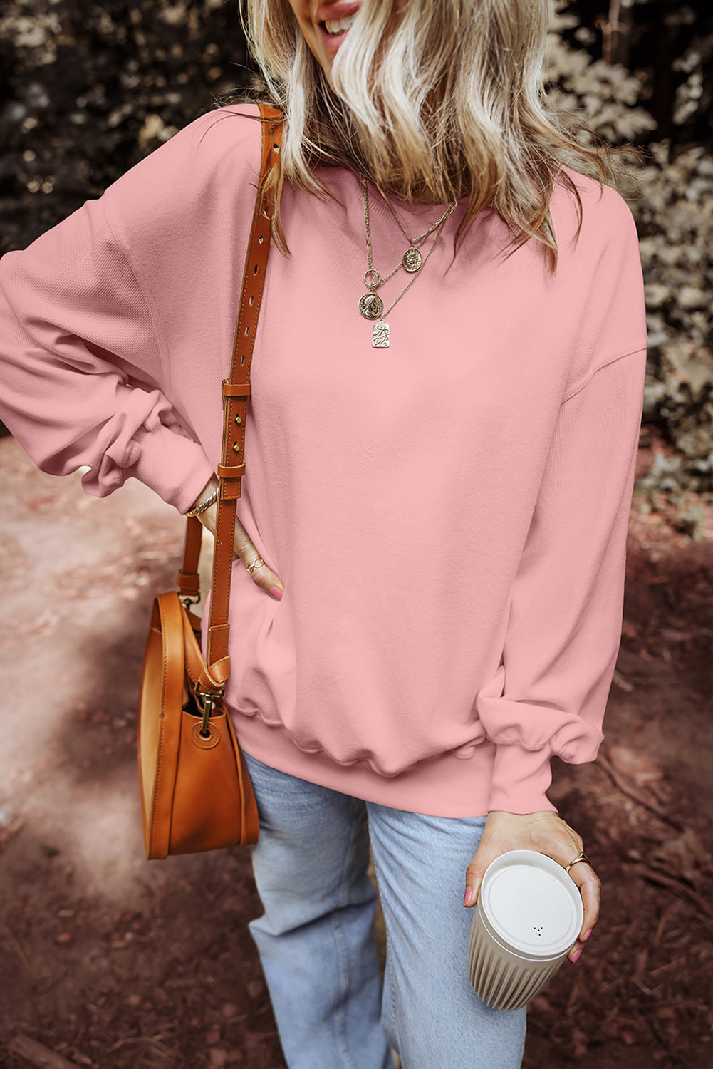 Pink Loose Drop Shoulder Ribbed Sweatshirt Sweatshirts & Hoodies JT's Designer Fashion