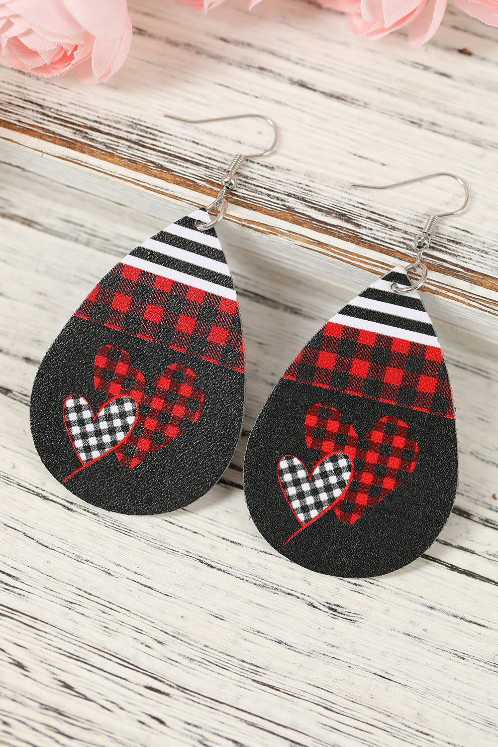 Black Valentine's Day Buffalo Plaid Heart Teardrop Glitter Earrings Jewelry JT's Designer Fashion