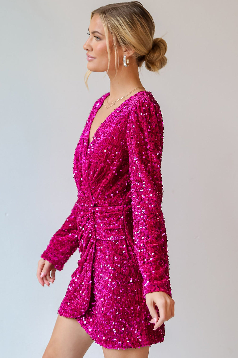 Pitaya Pink Velvet Sequin Long Sleeve V Neck Wrapped Mini Dress Sequin Dresses JT's Designer Fashion