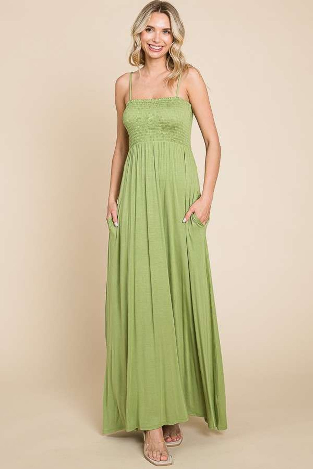 Culture Code Full Size Smocked Cami Maxi Dress with Pockets Happy Olive Maxi Dresses JT's Designer Fashion