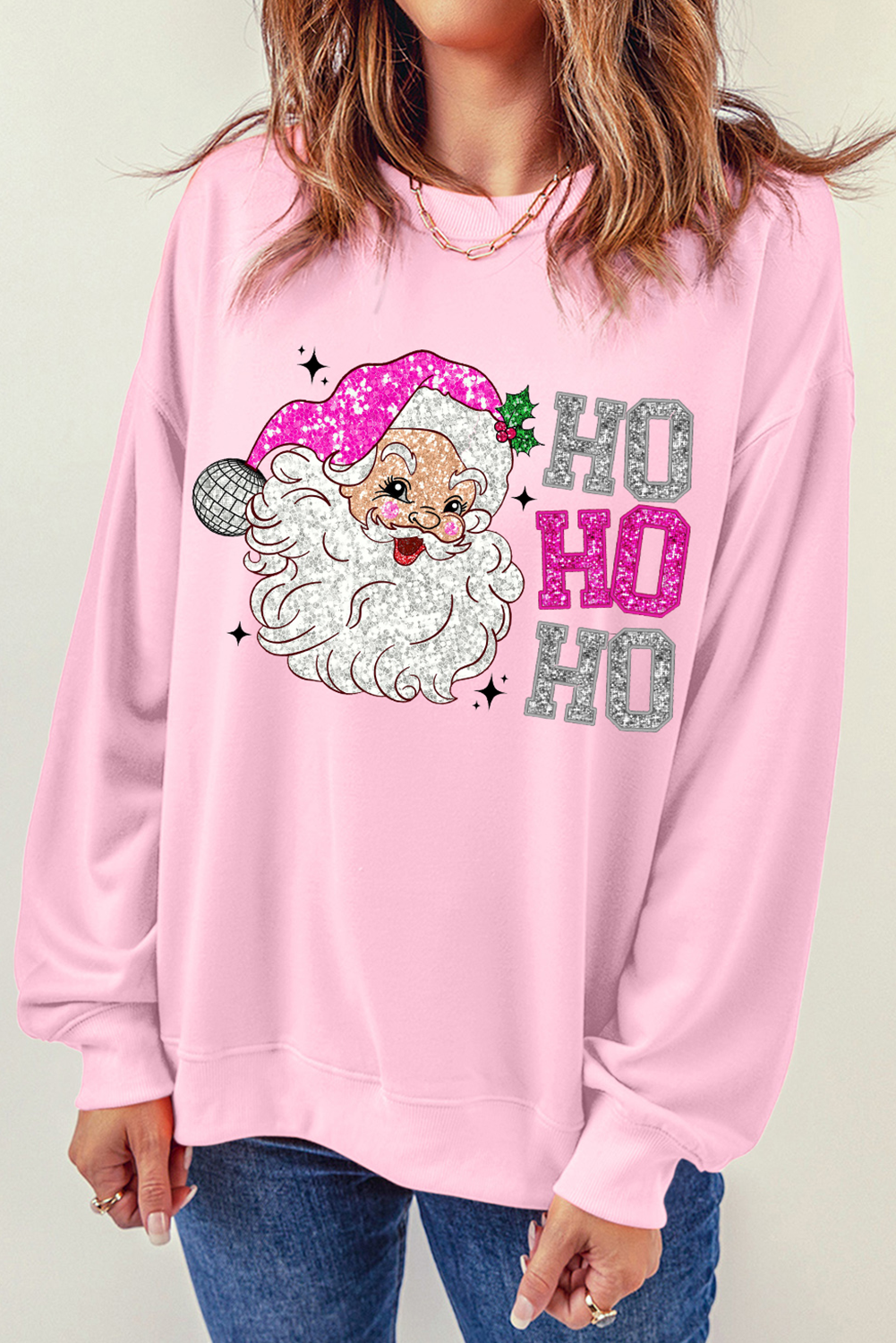 Pink Santa Claus HO HO HO Christmas Graphic Sweatshirt Graphic Sweatshirts JT's Designer Fashion