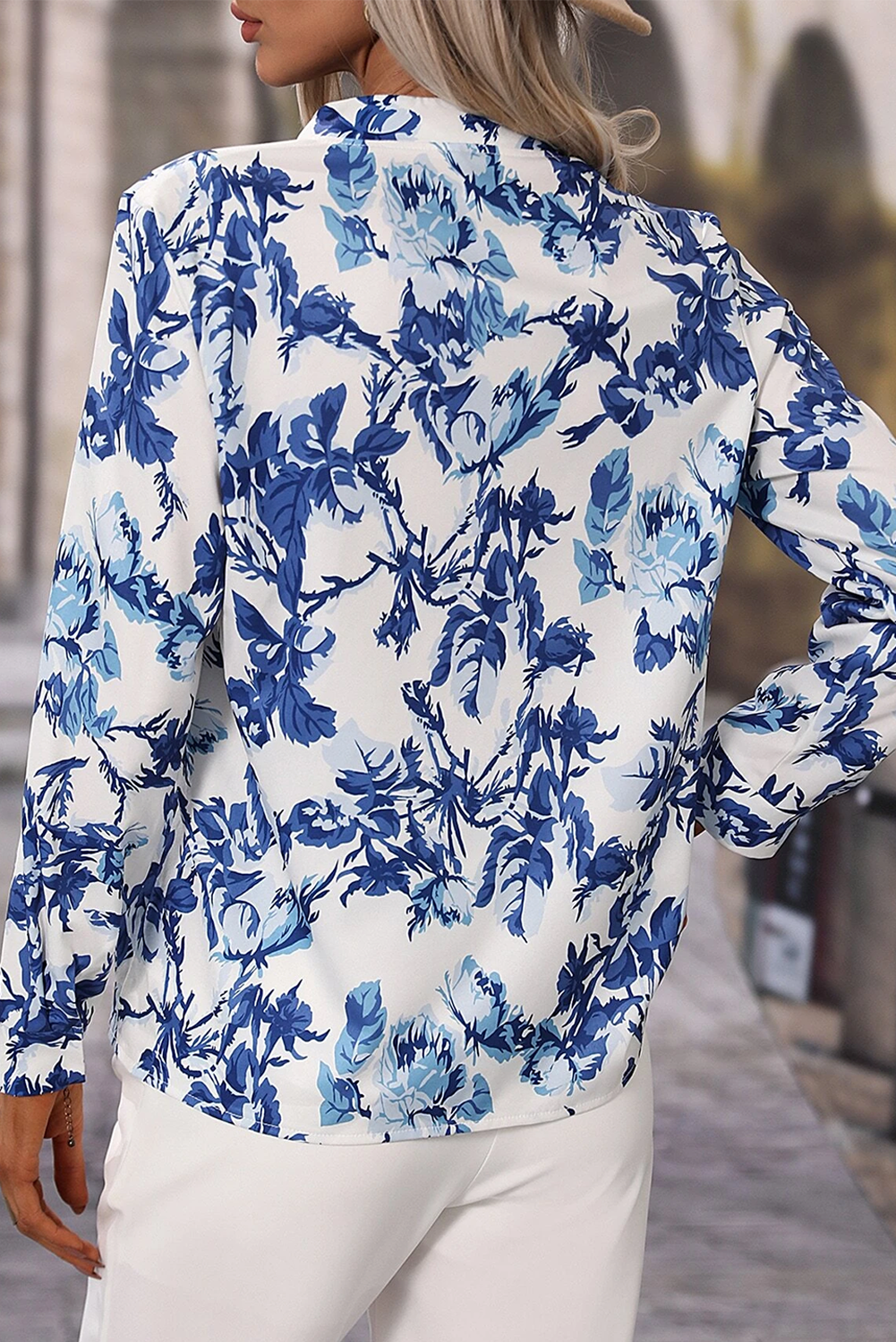 Sky Blue Floral Print Notched Neck Elegant Blouse Blouses & Shirts JT's Designer Fashion