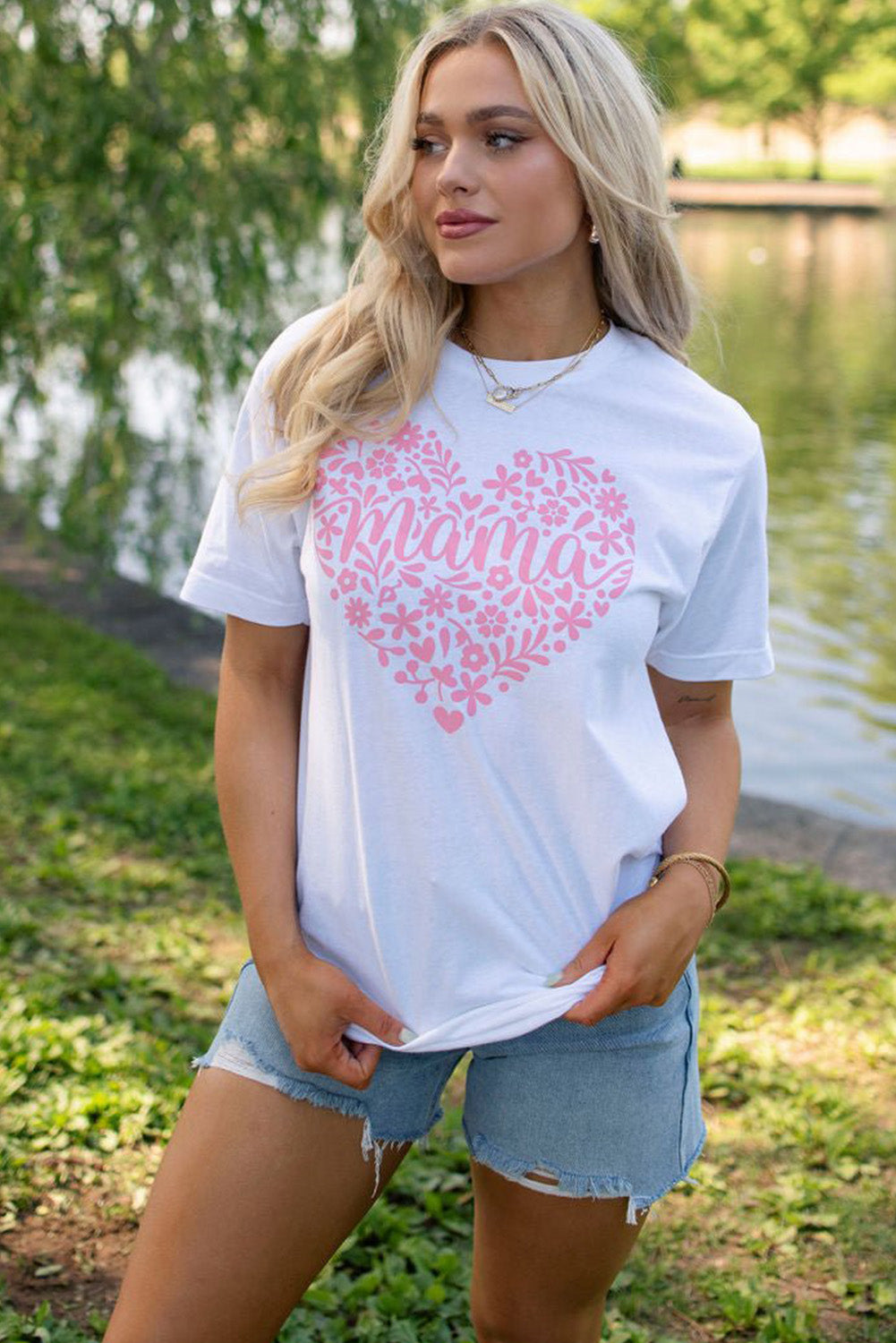 White Floral mama Heart Shape Graphic T Shirt Graphic Tees JT's Designer Fashion