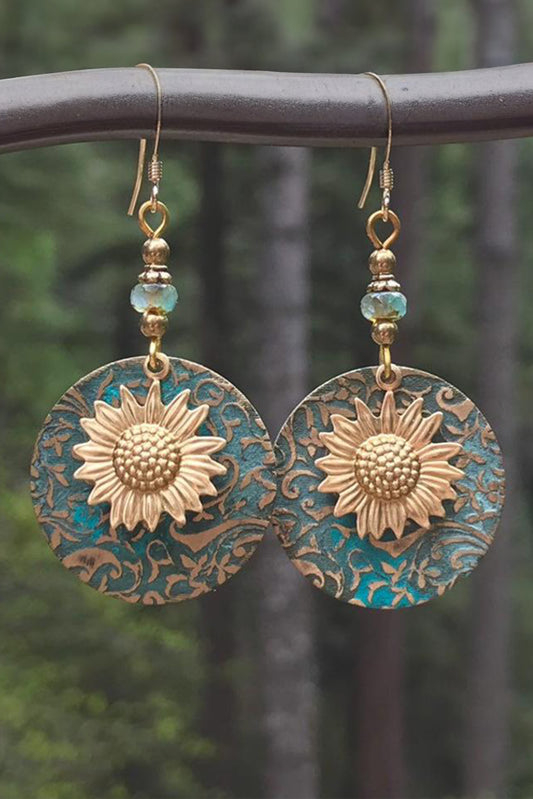 Real Teal Retro Sunflower Disc Alloy Dangle Earrings Jewelry JT's Designer Fashion