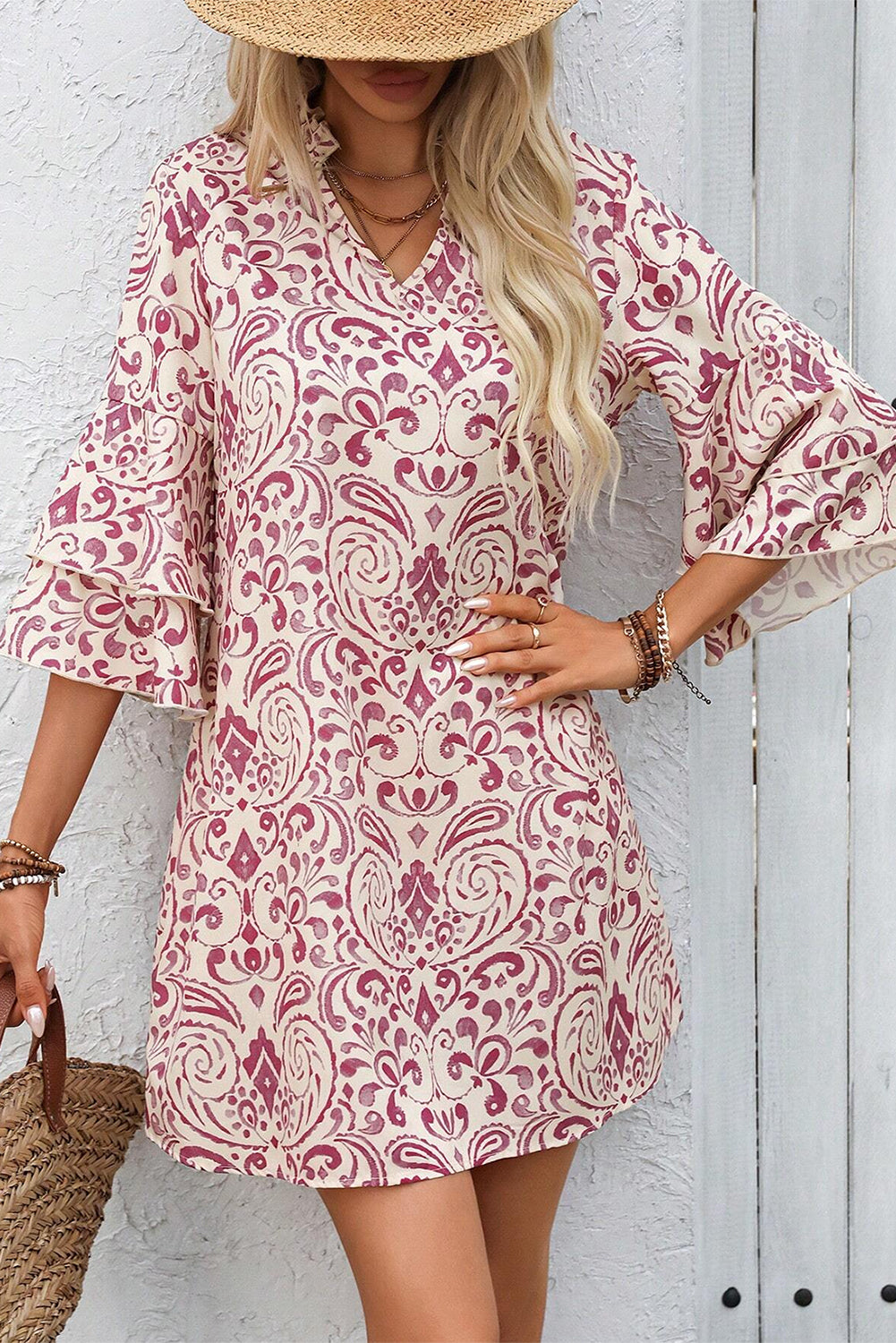 Pink Paisley Print Tiered 3/4 Sleeve Notched Neck Mini Dress Mini Dresses JT's Designer Fashion