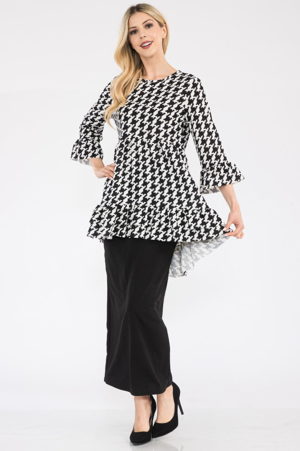 Celeste Full Size Houndstooth Flounce Sleeve High-Low Top Tops JT's Designer Fashion