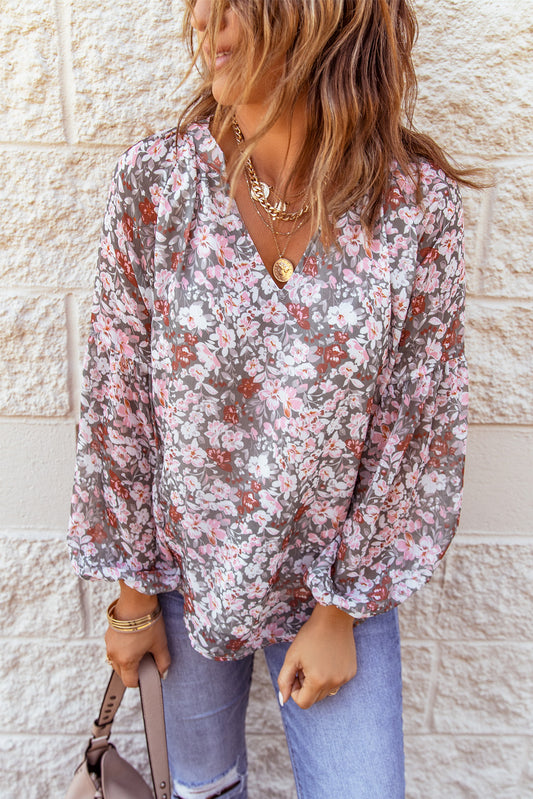 Multicolor Floral Print V Neck Long Puff Sleeve Top Blouses & Shirts JT's Designer Fashion