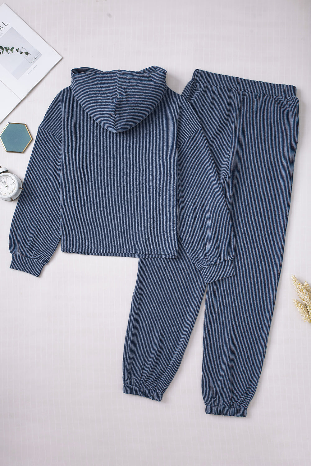 Blue Hollow-out Ribbed Hoodie Pants Casual 2pcs Outfit Pant Sets JT's Designer Fashion