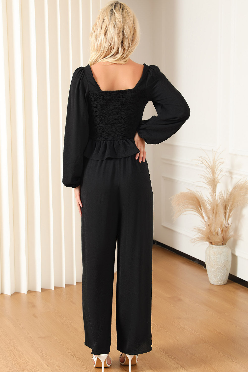 Black Square Neck Smocked Peplum Top and Pants Set Pant Sets JT's Designer Fashion