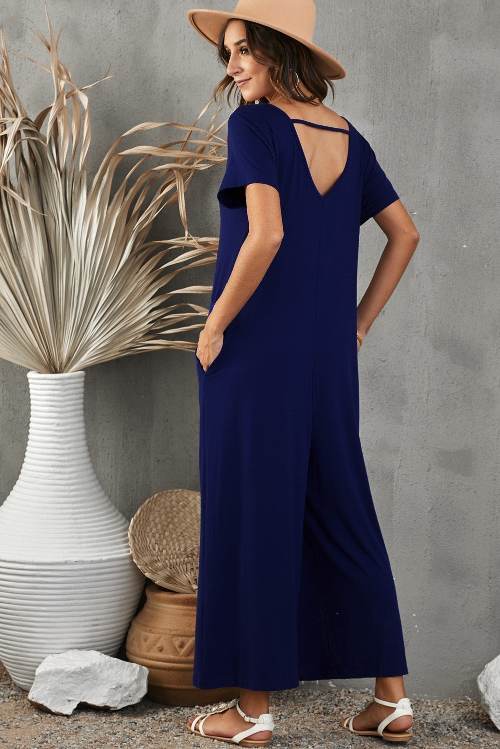 Blue Solid Color Short Sleeve Wide Leg Jumpsuit with Pocket Jumpsuits & Rompers JT's Designer Fashion