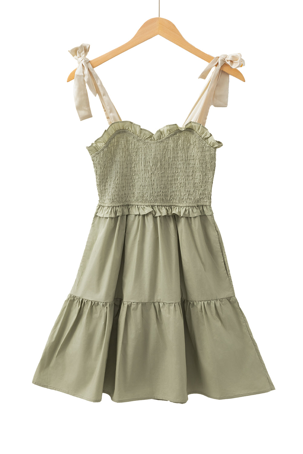 Laurel Green Smocked Bodice Self-tie Straps A-line Ruffled Mini Dress Mini Dresses JT's Designer Fashion