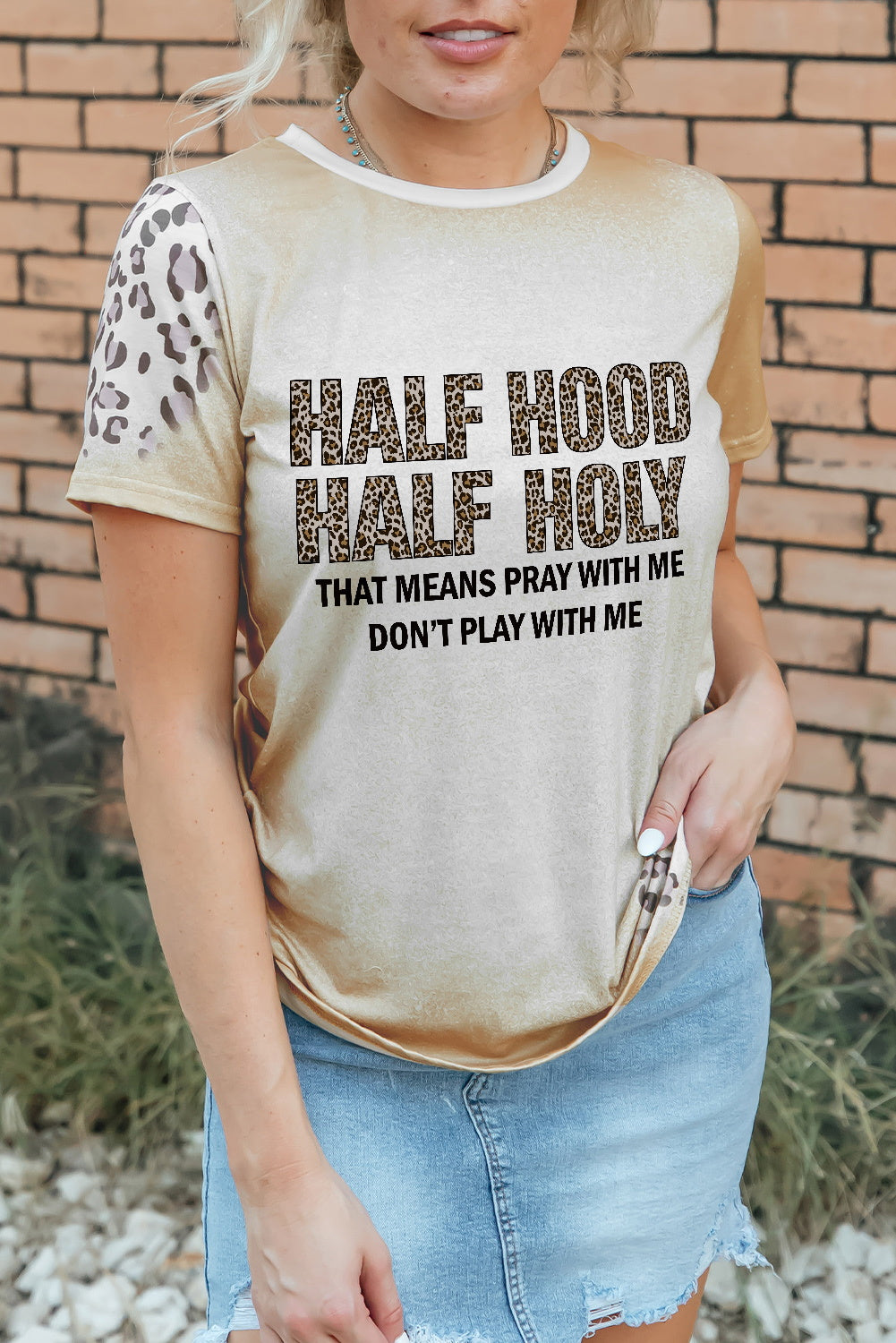 Khaki HALF HOOD HALF HOLY Graphic T Shirt Graphic Tees JT's Designer Fashion