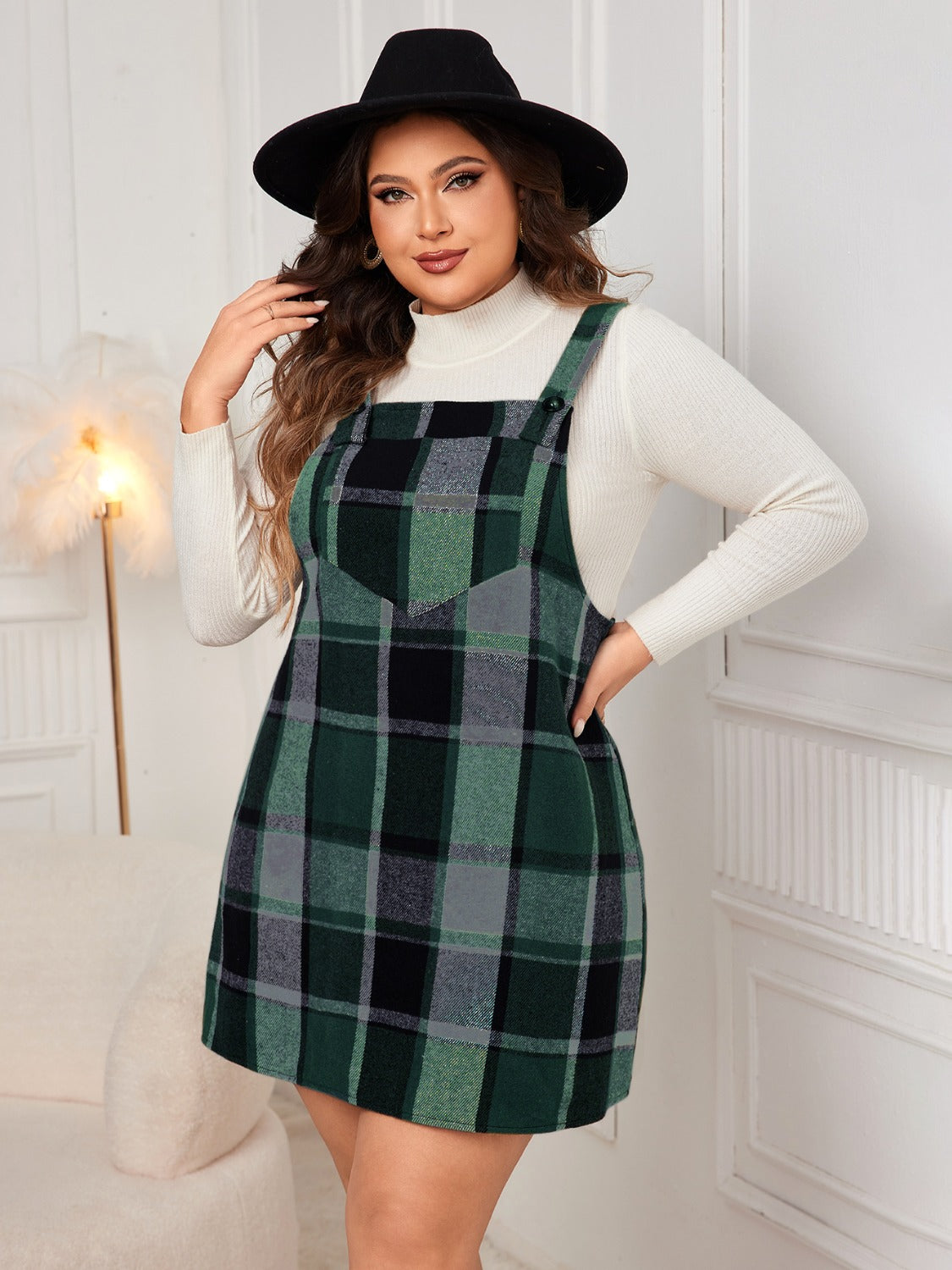 Plus Size Plaid Wide Strap Overall Dress Mini Dresses JT's Designer Fashion