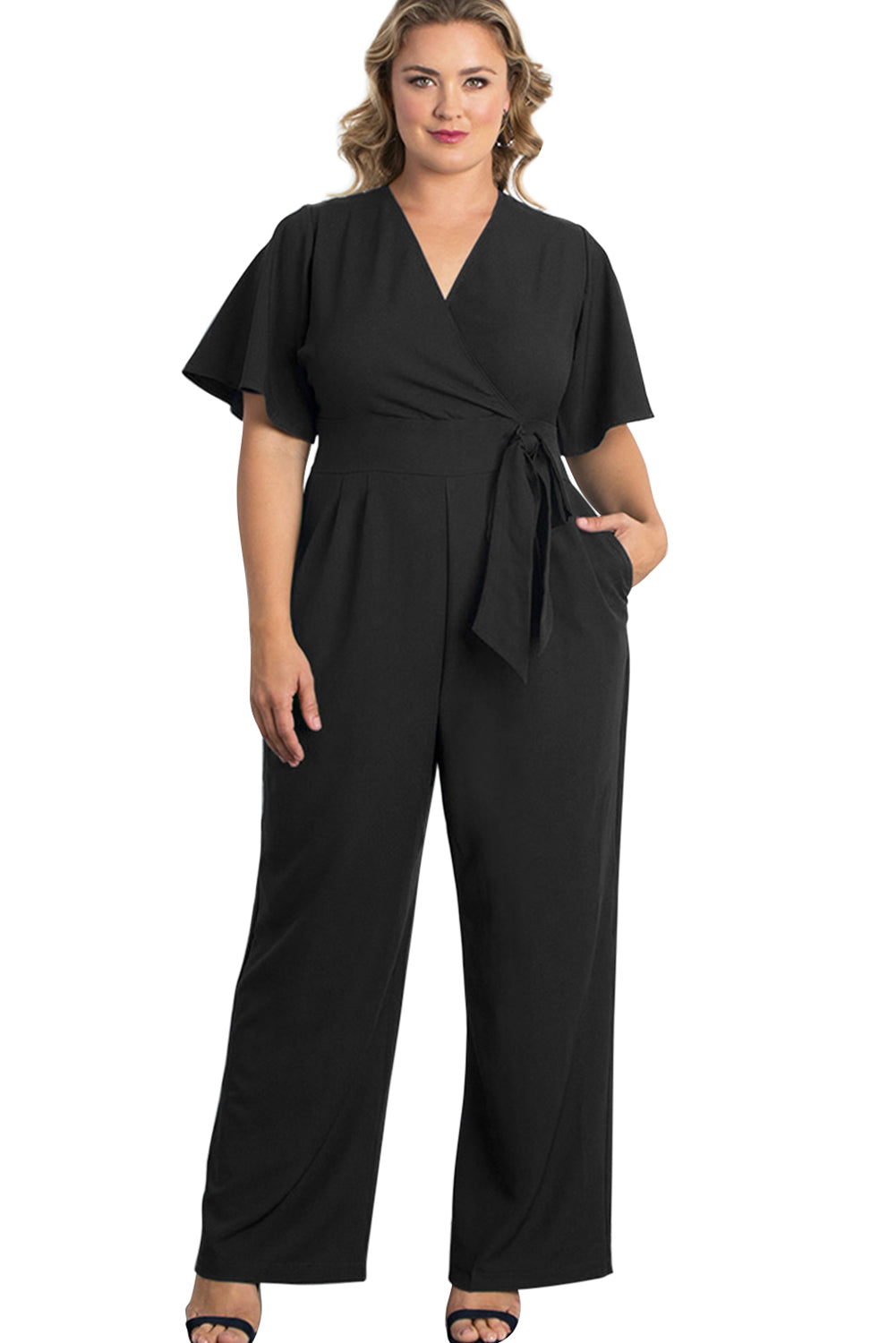 Black V Neck Tie Knot High Waist Plus Size Jumpsuit Jumpsuits & Rompers JT's Designer Fashion