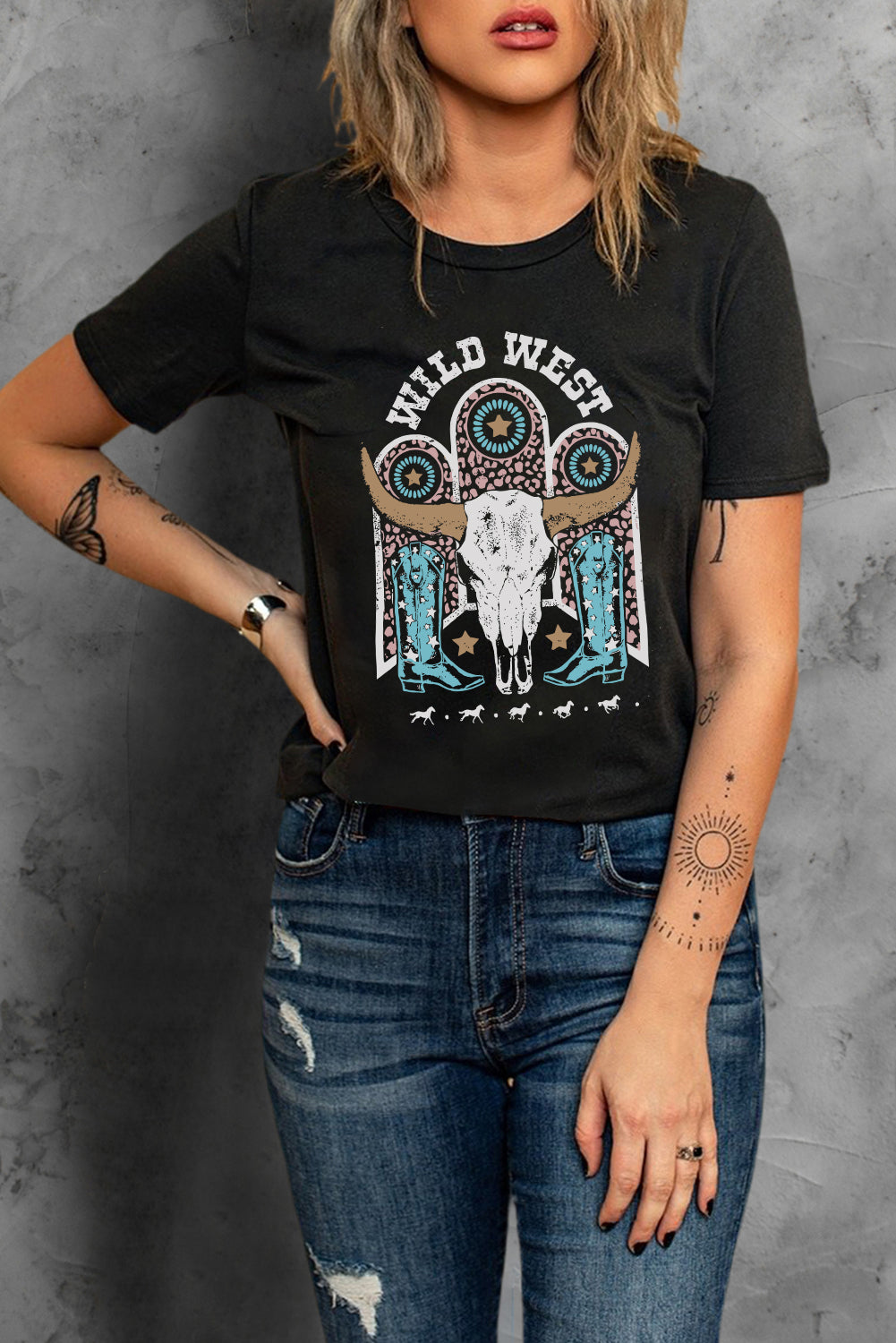 Black WILD WEST Steer Skull Graphic T Shirt Graphic Tees JT's Designer Fashion