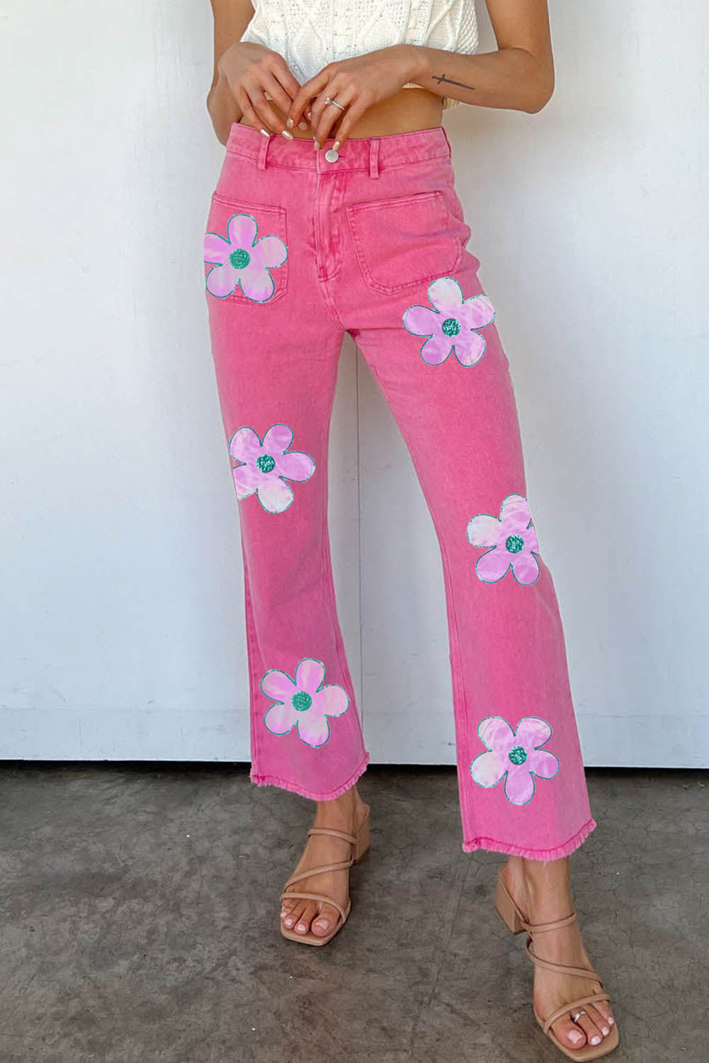 Pink Flower Patterns Raw Hem Flare Jeans Graphic Pants JT's Designer Fashion