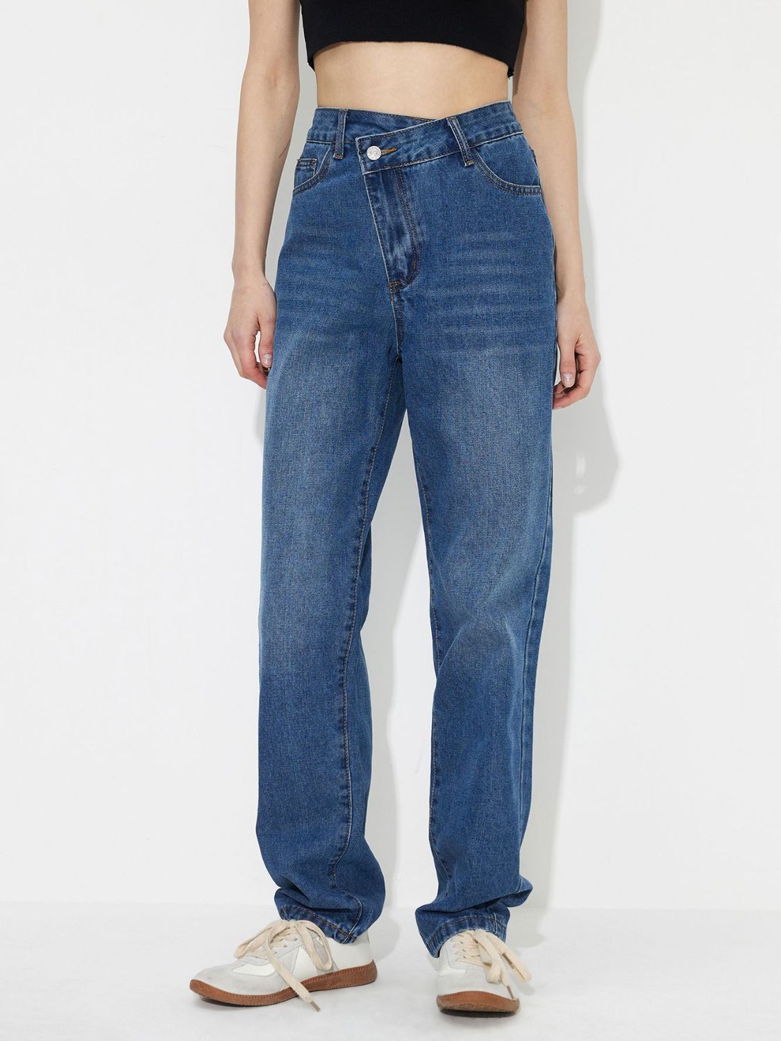 Asymmetric Waist Jeans with Pockets High Waist Jeans JT's Designer Fashion