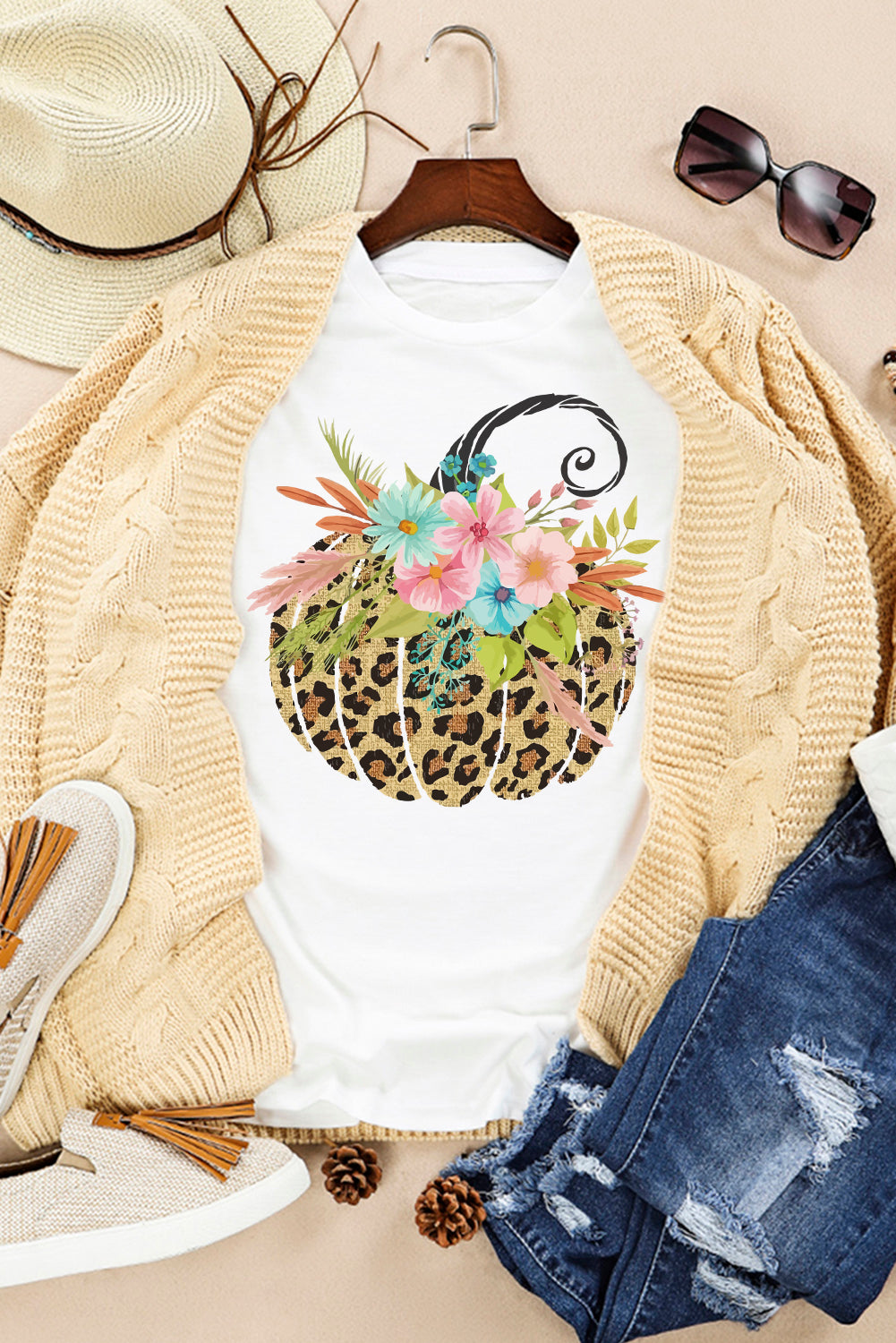 White Floral Leopard Pumpkin Graphic Halloween T Shirt Graphic Tees JT's Designer Fashion