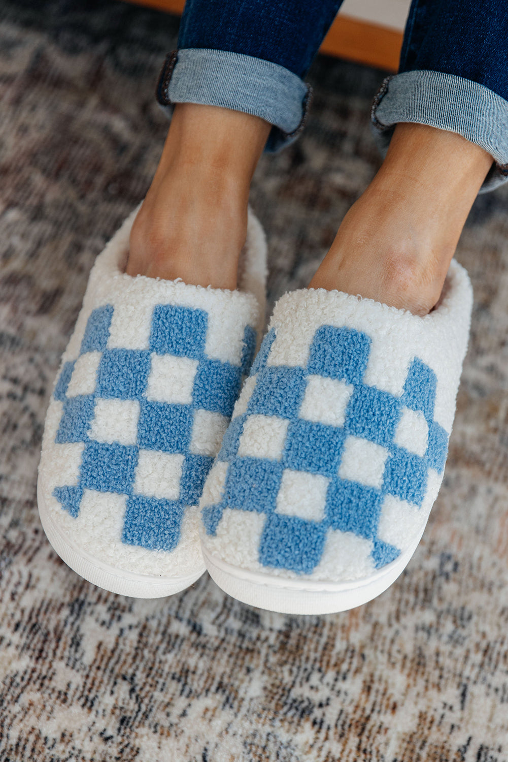 Light Blue Checkered Round Toe Plush Slippers Slippers JT's Designer Fashion