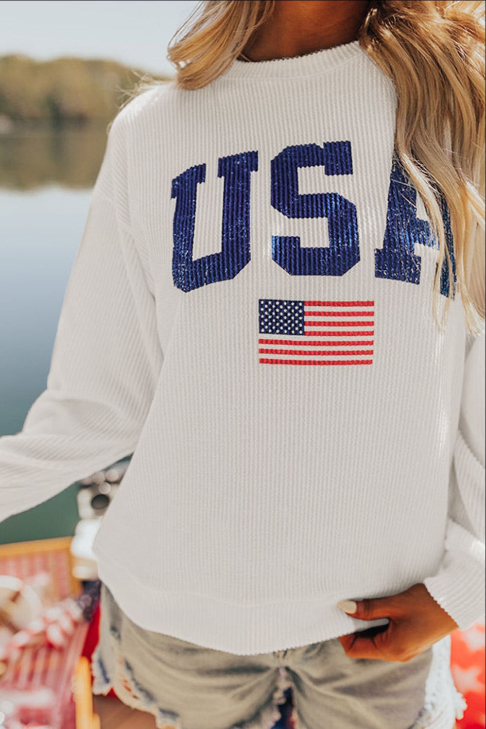 US Flag Corded Long Sleeve Sweatshirt Long Sleeve Tops JT's Designer Fashion