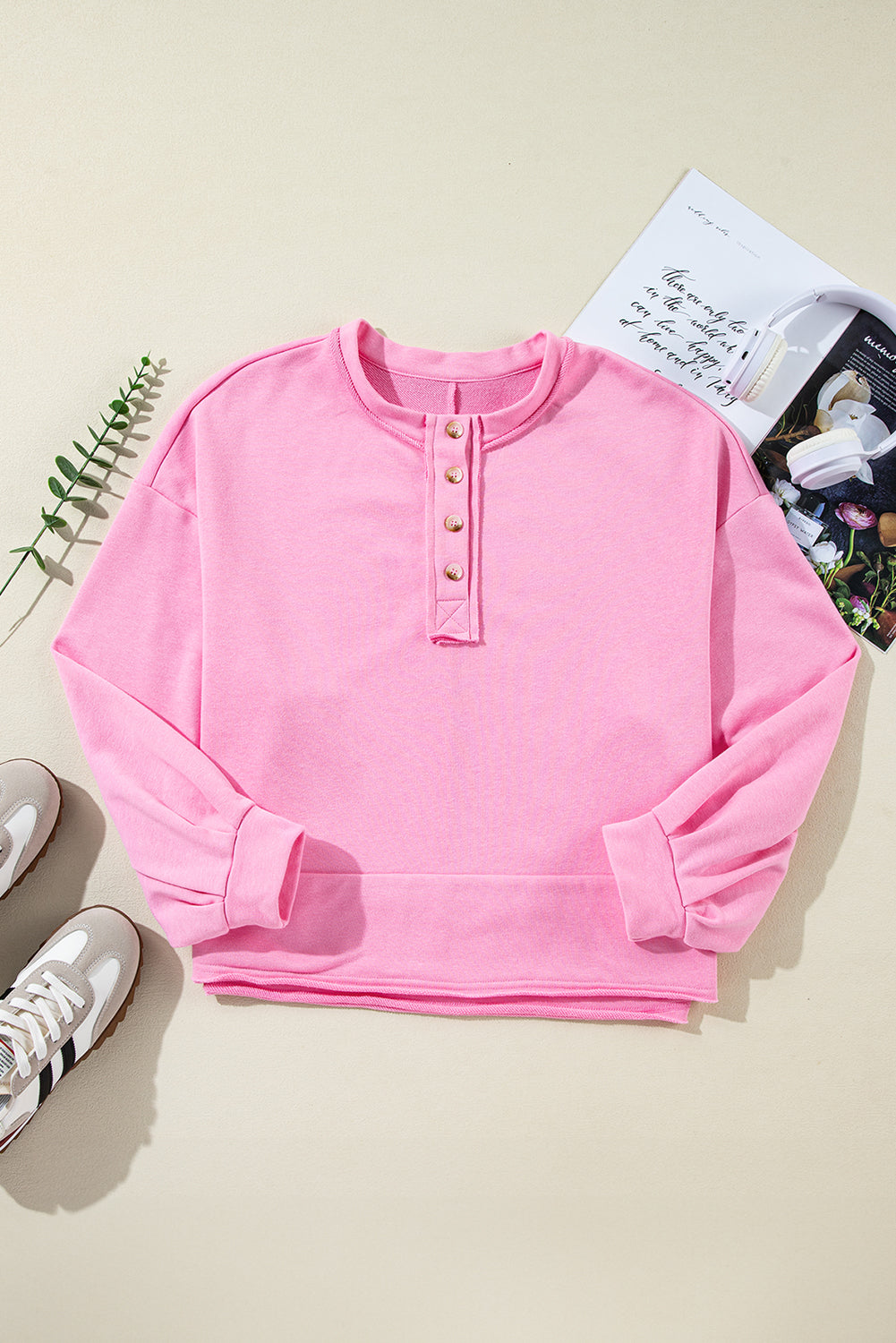 Sachet Pink Solid Color Buttoned Neckline Loose Sweatshirt Sweatshirts & Hoodies JT's Designer Fashion