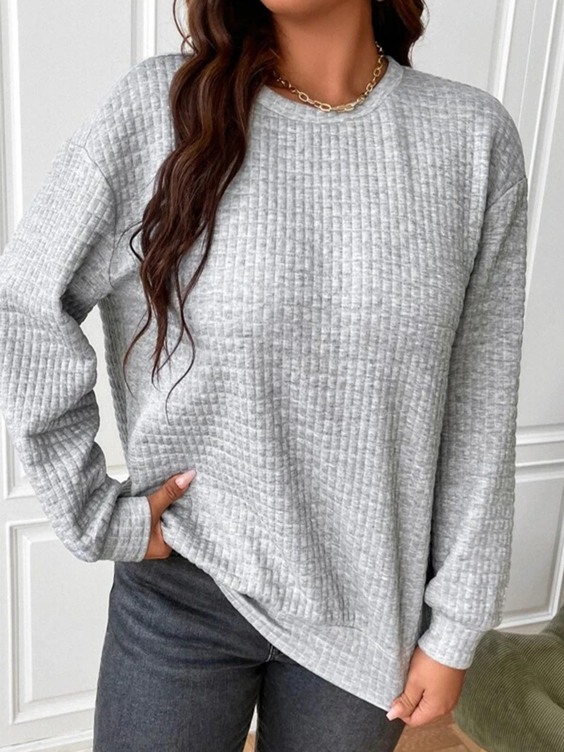 Texture Round Neck Long Sleeve Sweatshirt Long Sleeve Tops JT's Designer Fashion