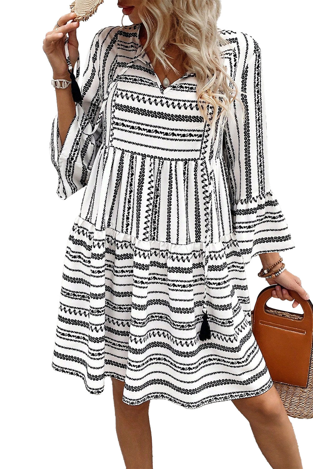 Black Stripe V Neck Bell Sleeve High Waist Mini Dress Mini Dresses JT's Designer Fashion