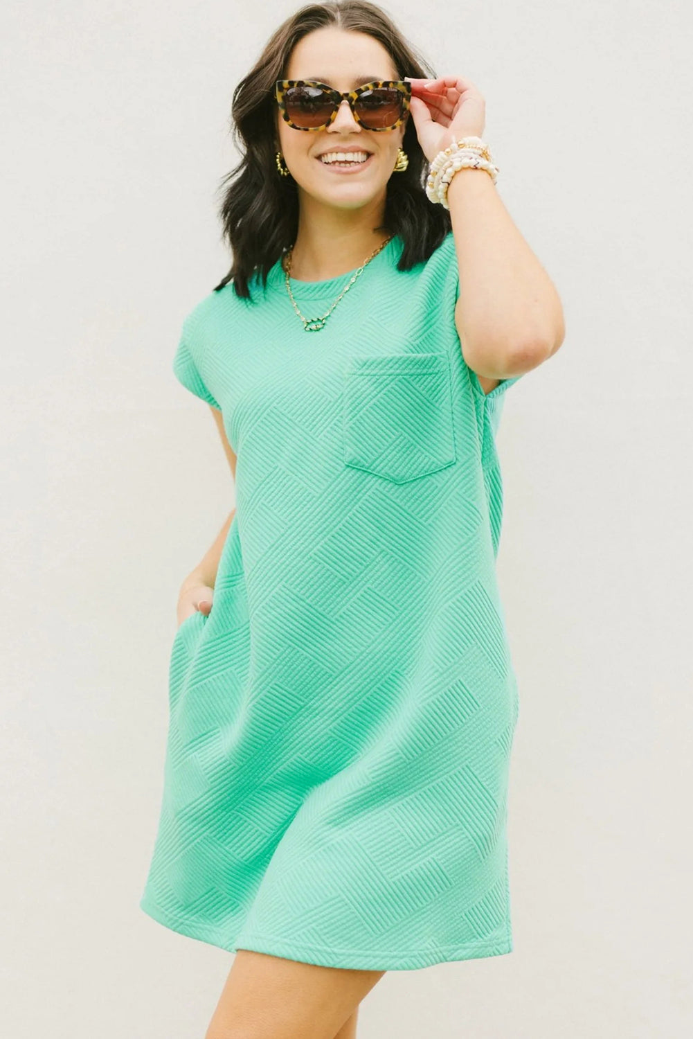 Mint Green Textured Cap Sleeve T Shirt Dress T Shirt Dresses JT's Designer Fashion