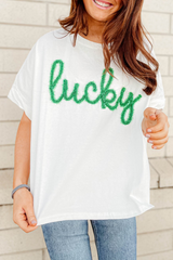 White Lucky Tinsel Graphic St Patrick Fashion Tee Graphic Tees JT's Designer Fashion