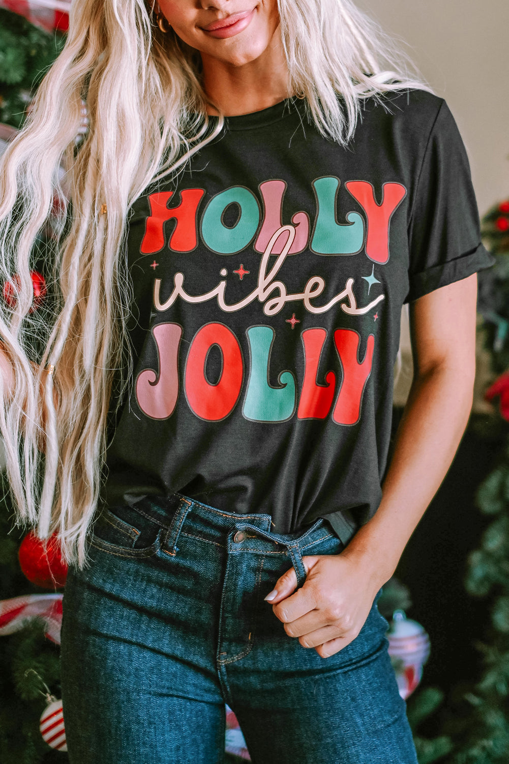 Black HOLLY JOLLY Vibes Christmas Crew Neck T Shirt Graphic Tees JT's Designer Fashion