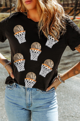 Black Sequin Basketball Patched Graphic Game Day T Shirt Graphic Tees JT's Designer Fashion