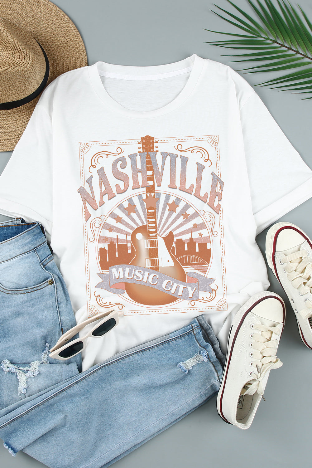 White MUSIC CITY NASHVILLE Graphic T Shirt Graphic Tees JT's Designer Fashion