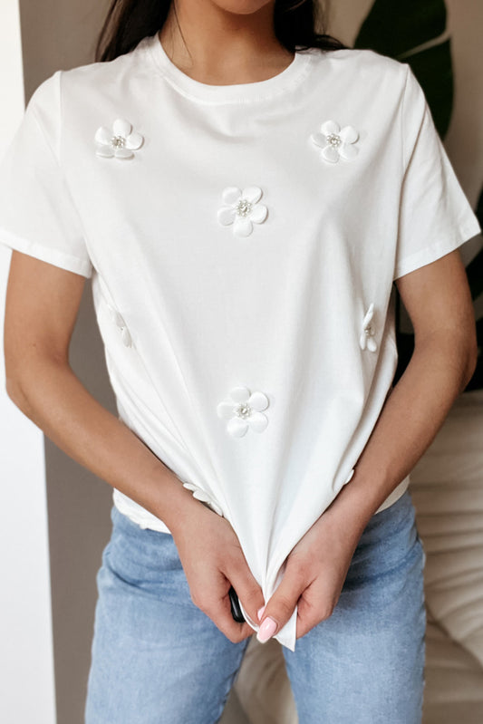 White Exquisite Flower Embellished Round Neck T-shirt Tops & Tees JT's Designer Fashion